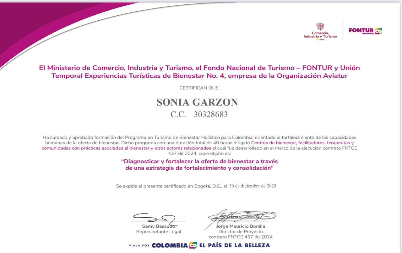 Certificado de Turismo Holístico - Sonia Garzón - FONTUR Colombia